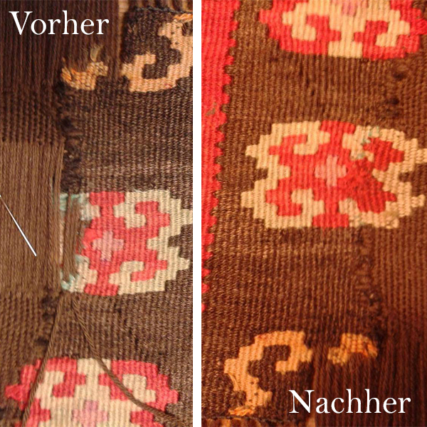 Vorher-nachher-Bild eines reparierten Teppichs